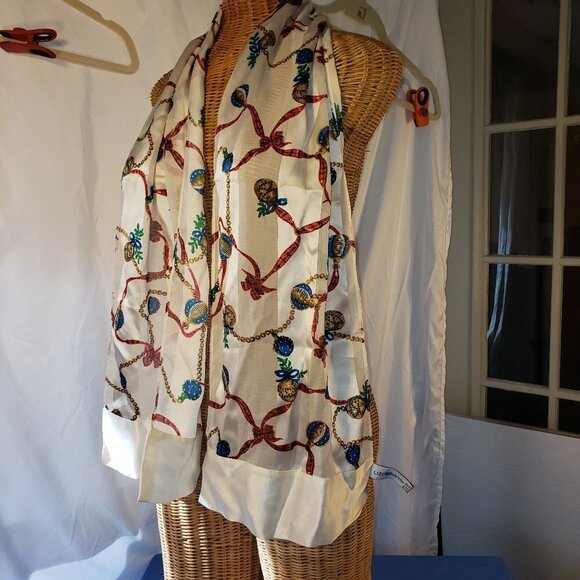 Liz Claiborne 100% Silk Scarf, Cream, Blue, Red, Gold - Picture 1 of 4